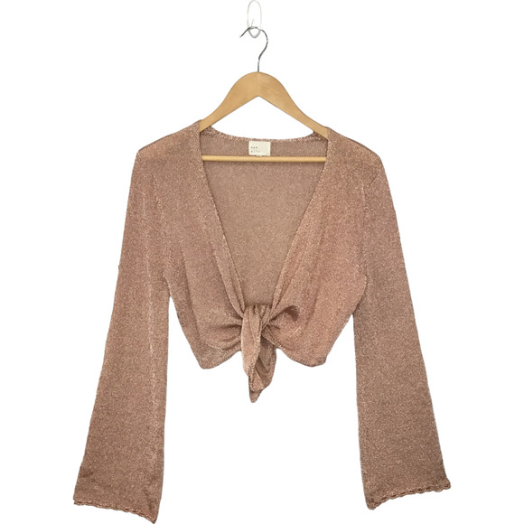 Dee Elly Metallic Shimmer Cropped Front Tie Bell Long Crochet Sleeve Rose Gold S - Picture 2 of 12